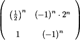 \left(\begin{array}{cc}
 \\ \left(\frac{1}{2}\right)^{n} & \left(-1\right)^{n}\cdot 2^{n} \\
 \\ 1 & \left(-1\right)^{n}
 \\ \end{array}\right) 